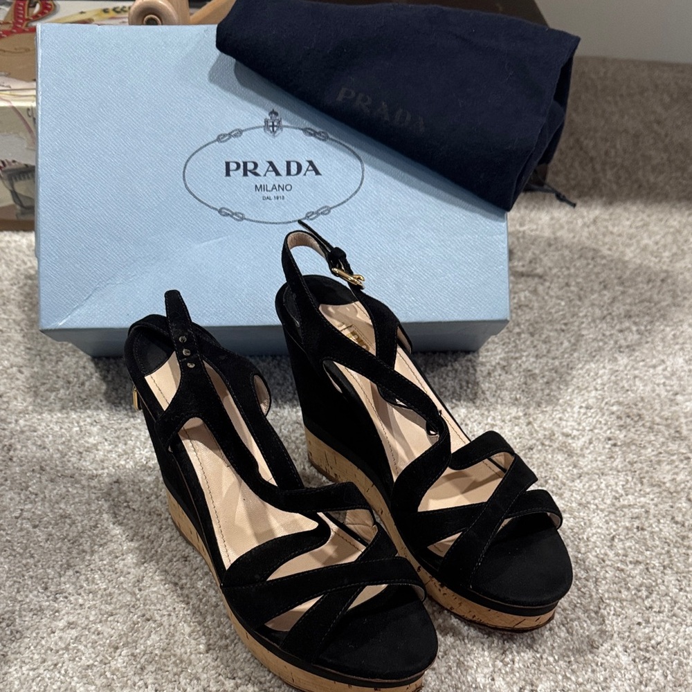 Prada Black and Tan Wedge Sandals